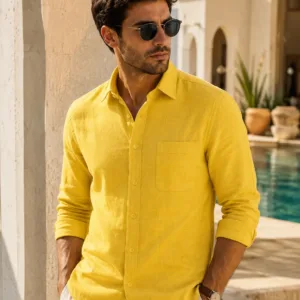 Neta Cotton Mustard Yellow Cotton Linen Blend Shirt for Men